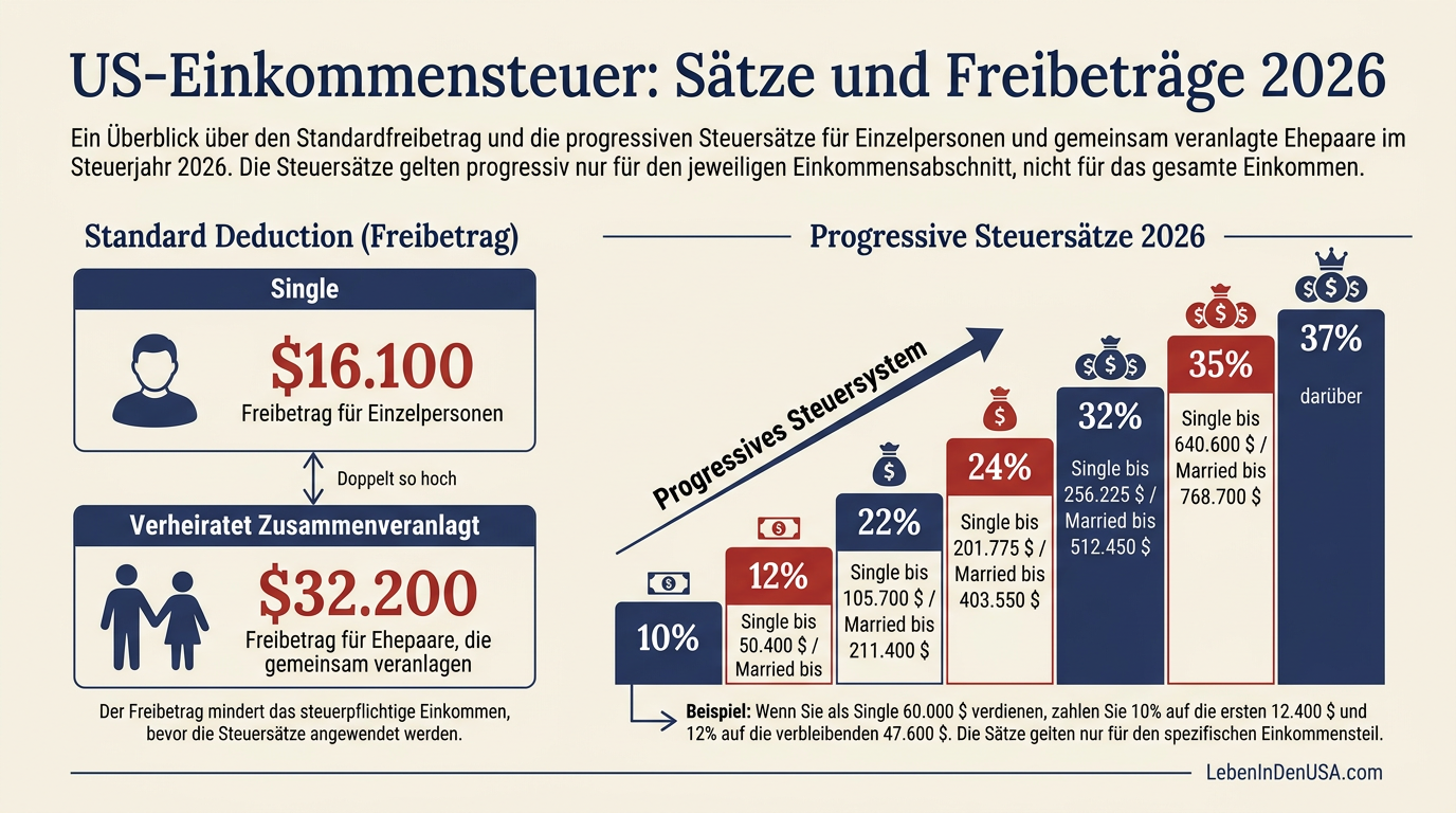 Tabelle der US-Steuersätze und Standard Deduction Freibeträge 2026 für Singles und Ehepaare.