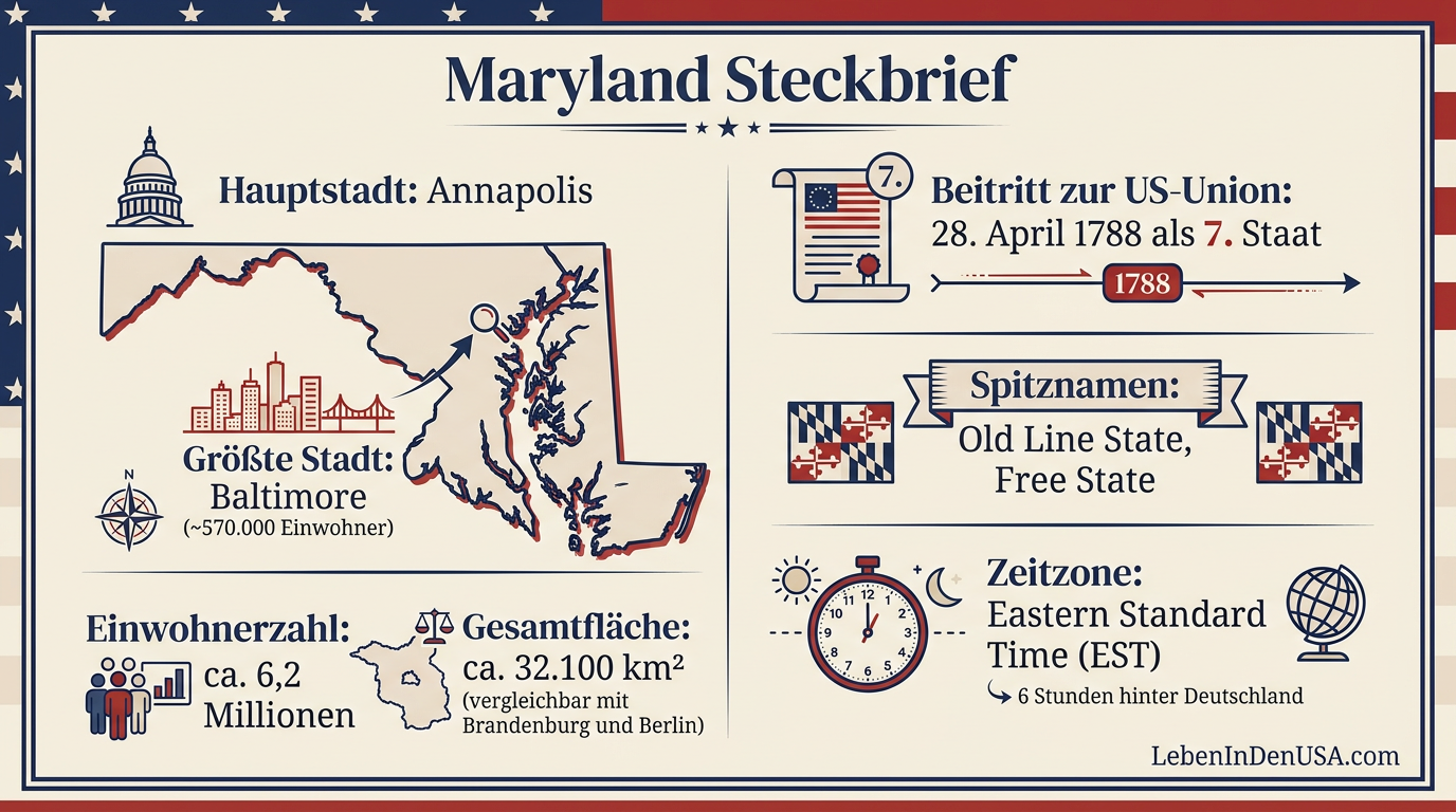 Infografik mit den wichtigsten Kennzahlen des US-Bundesstaates Maryland wie Hauptstadt, Einwohner, Fläche und Beitrittsdatum.