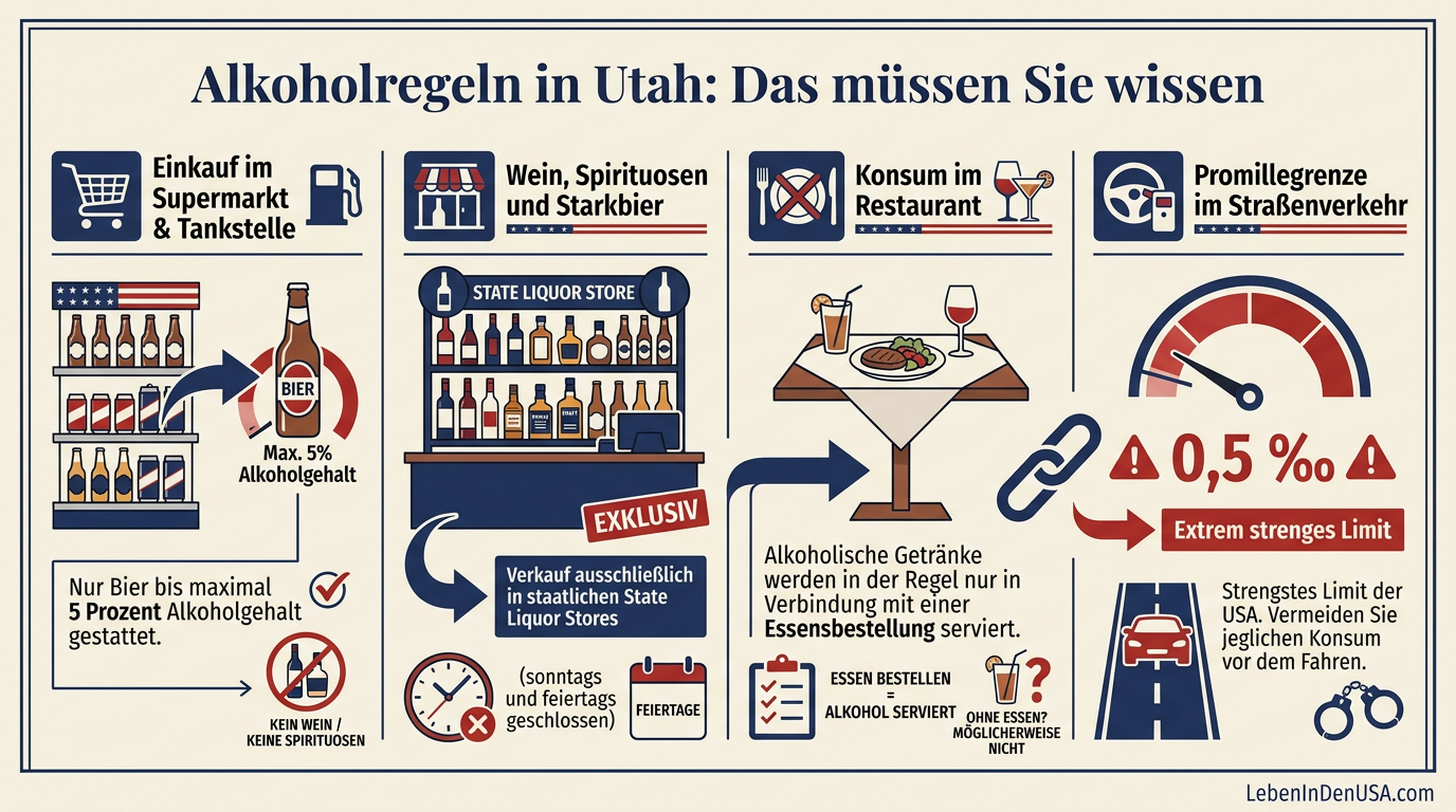 Infografik zu den strengen Alkoholgesetzen, Verkaufsstellen und Promillegrenzen im US-Bundesstaat Utah.