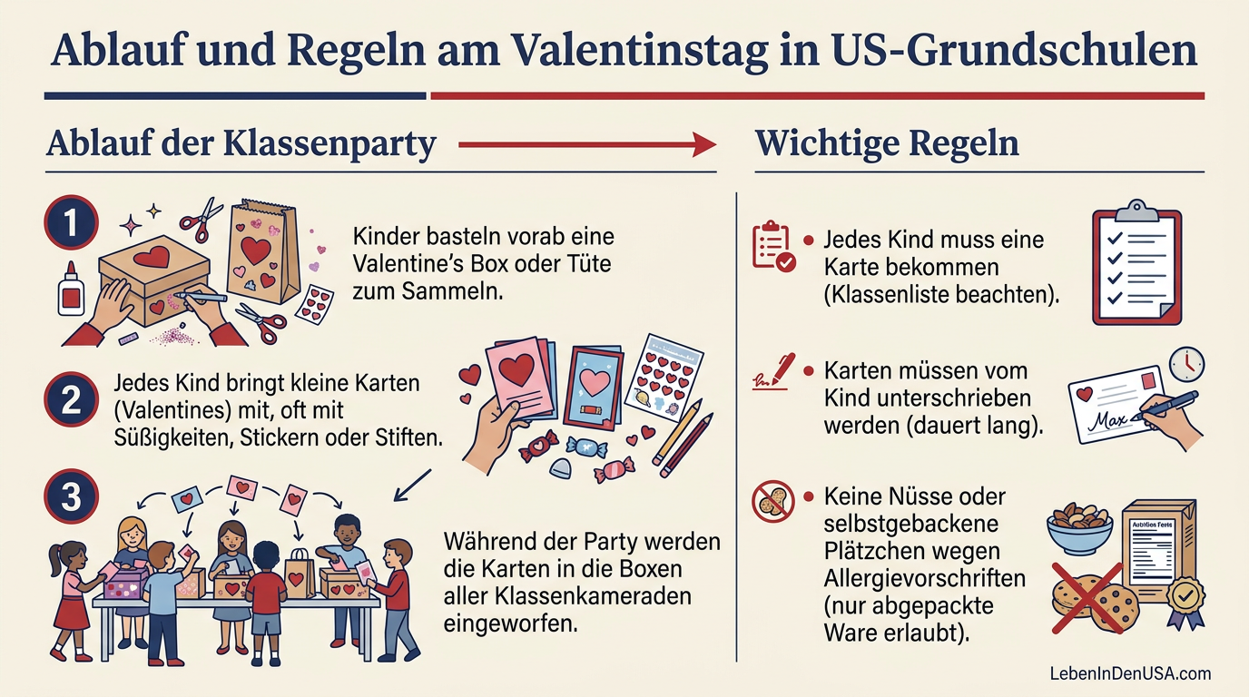 Ablaufdiagramm und Checkliste für Eltern zum Valentinstag in amerikanischen Grundschulen.
