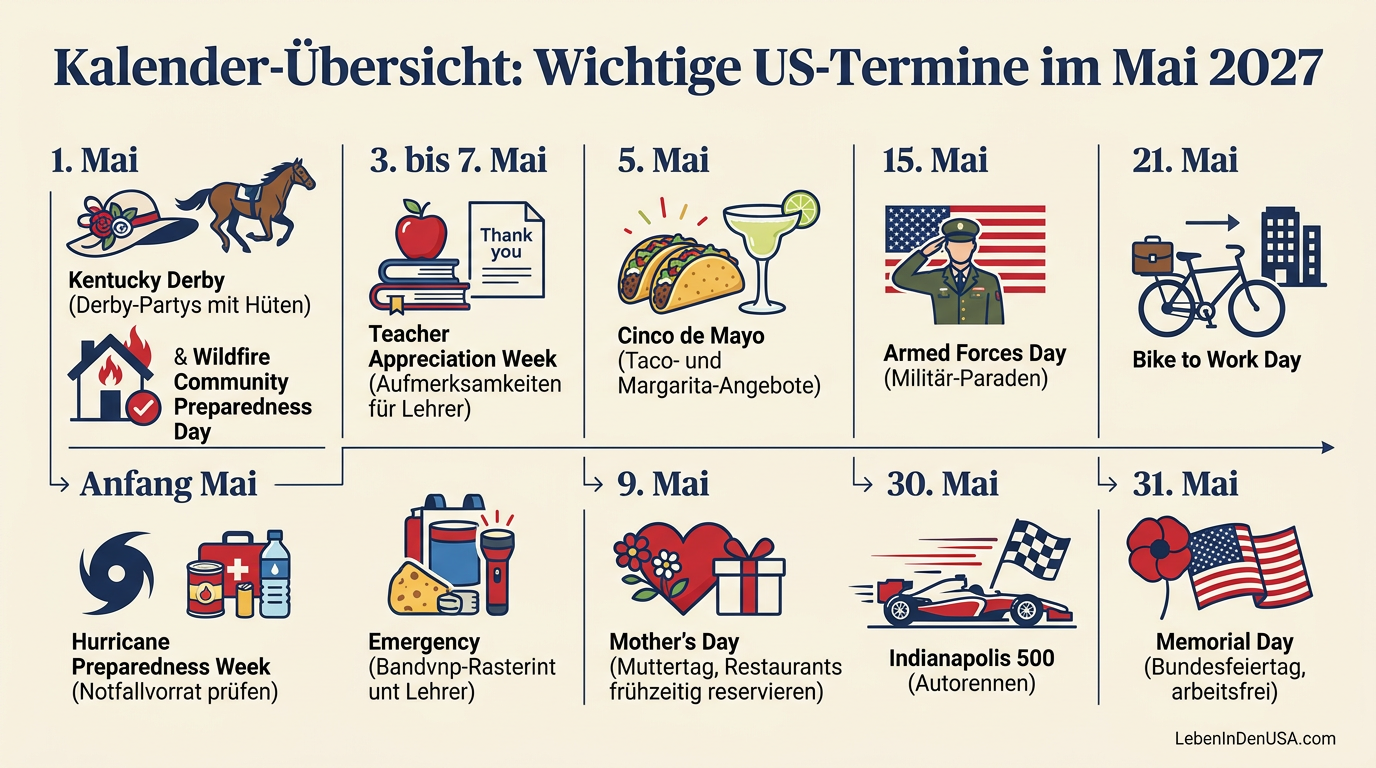 Infografik-Kalender für Mai 2027 in den USA mit allen wichtigen Feiertagen, Gedenktagen und Events.