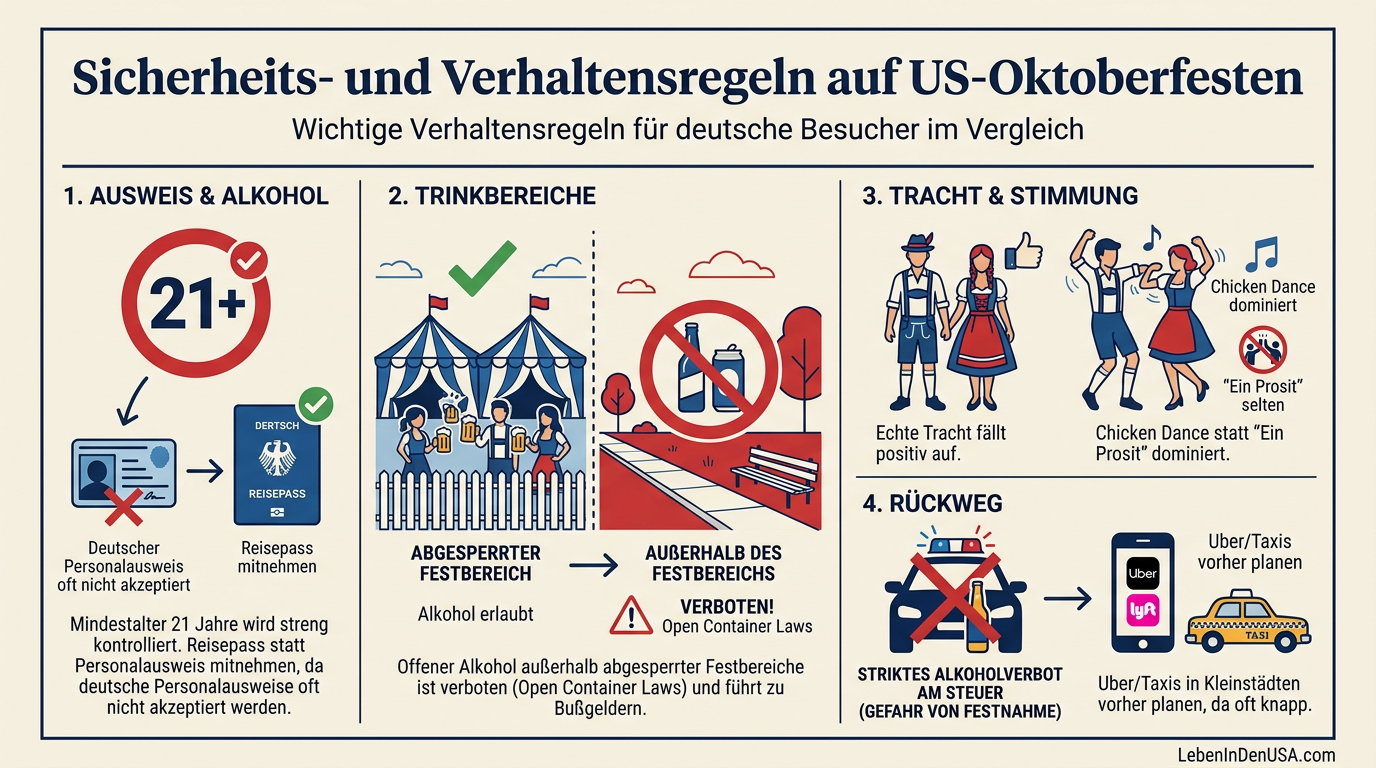 Infografik: Checkliste mit Verhaltensregeln und Tipps für deutsche Besucher bezüglich Ausweispflicht, Alkoholgesetzen und Anreise auf amerikanischen Oktoberfesten.