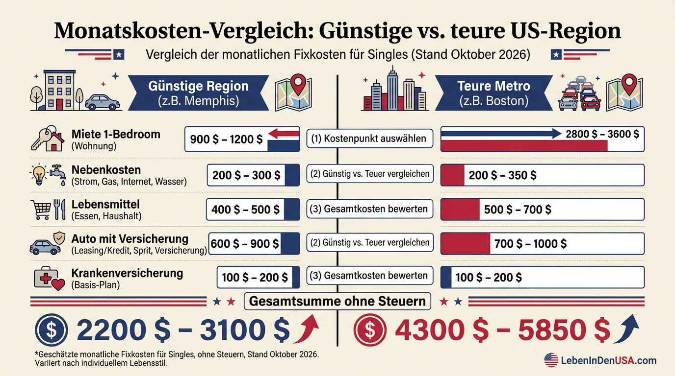 Vergleichsgrafik der Lebenshaltungskosten in den USA: Günstige Region gegen teure Metropole im Jahr 2026