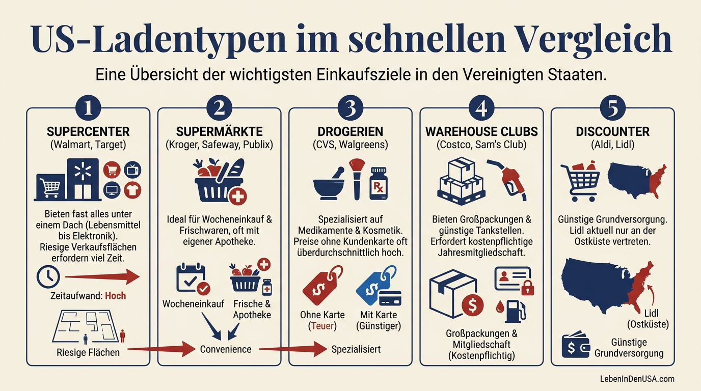 Vergleichsgrafik der wichtigsten Einkaufsläden in den USA von Supercentern bis zu Warehouse Clubs