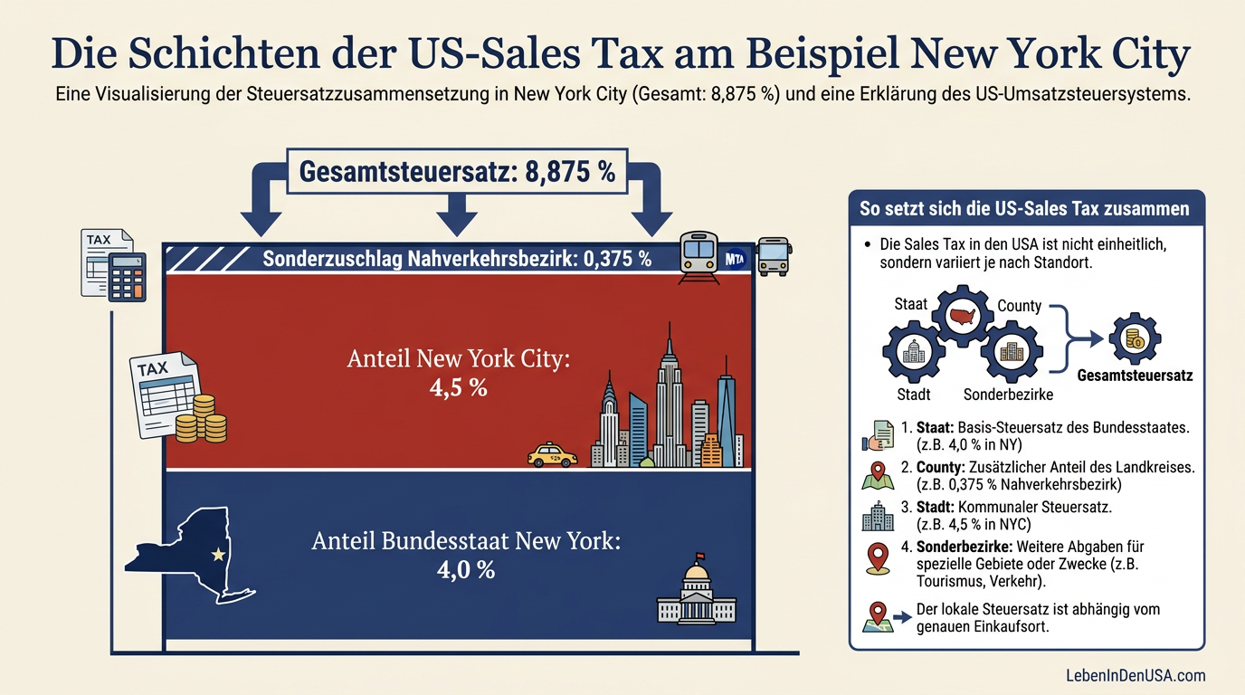 Infografik zur Zusammensetzung der US-Sales Tax in New York City aus Bundesstaats-, Stadt- und Nahverkehrsanteilen.