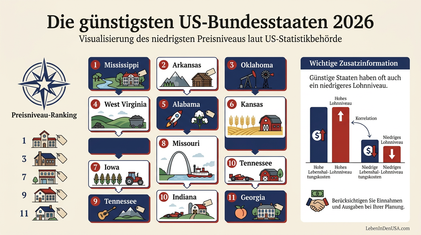 Infografik der 11 günstigsten US-Bundesstaaten im Jahr 2026