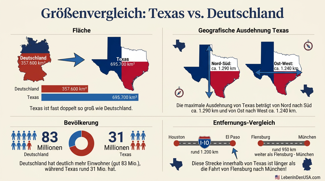 Infografik zum Größenvergleich zwischen Texas und Deutschland bezüglich Fläche, Einwohnerzahl und geografischer Ausdehnung.