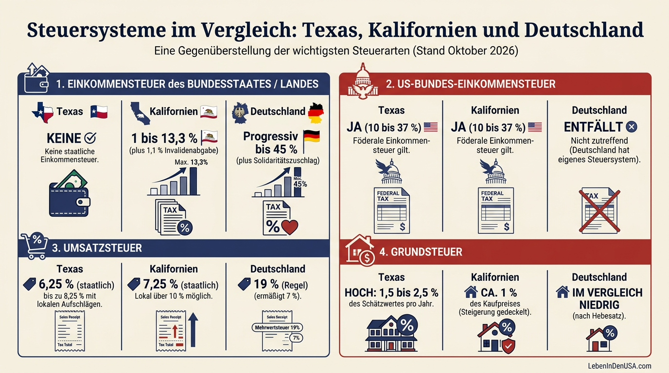 Vergleichs-Tabelle der Steuerlast zwischen Texas, Kalifornien und Deutschland bei Einkommen-, Umsatz- und Grundsteuer.