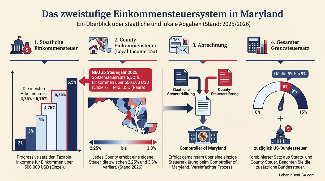 Infografik zur Funktionsweise der Einkommensteuer in Maryland mit staatlicher und lokaler Besteuerung.