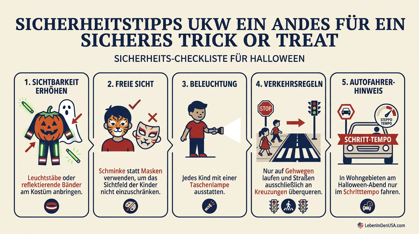 Infografik mit fünf wichtigen Sicherheitstipps für Kinder und Autofahrer am Halloween-Abend.