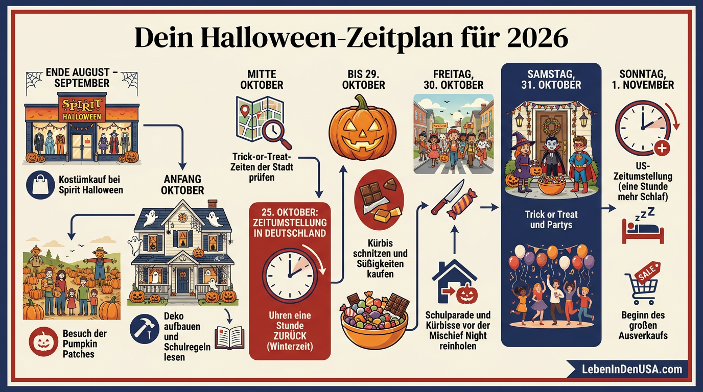 Infografik: Chronologischer Zeitplan für Halloween 2026 von der Vorbereitung im August bis zum Ausverkauf im November.