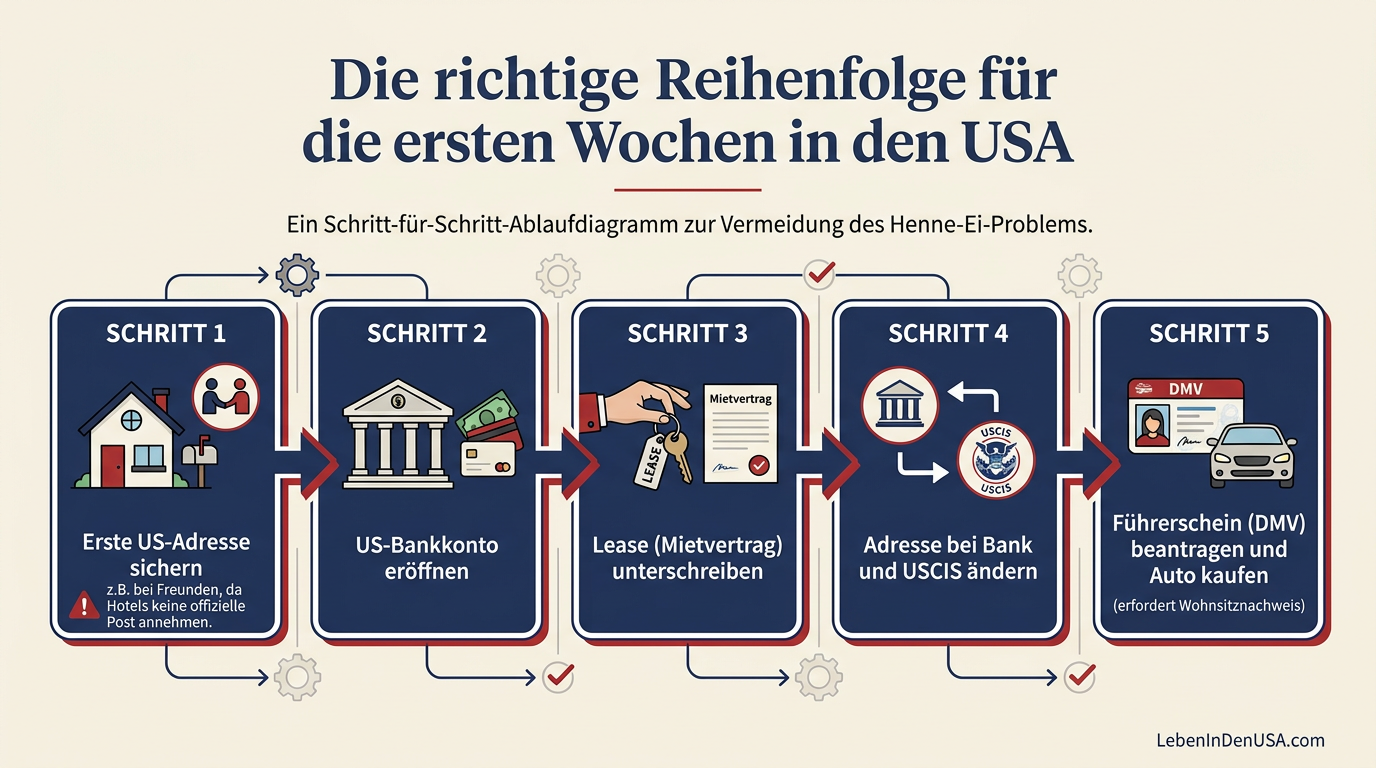 Ablaufdiagramm der optimalen Reihenfolge für Behördengänge und Formalitäten in den ersten Wochen nach der Ankunft in den USA.