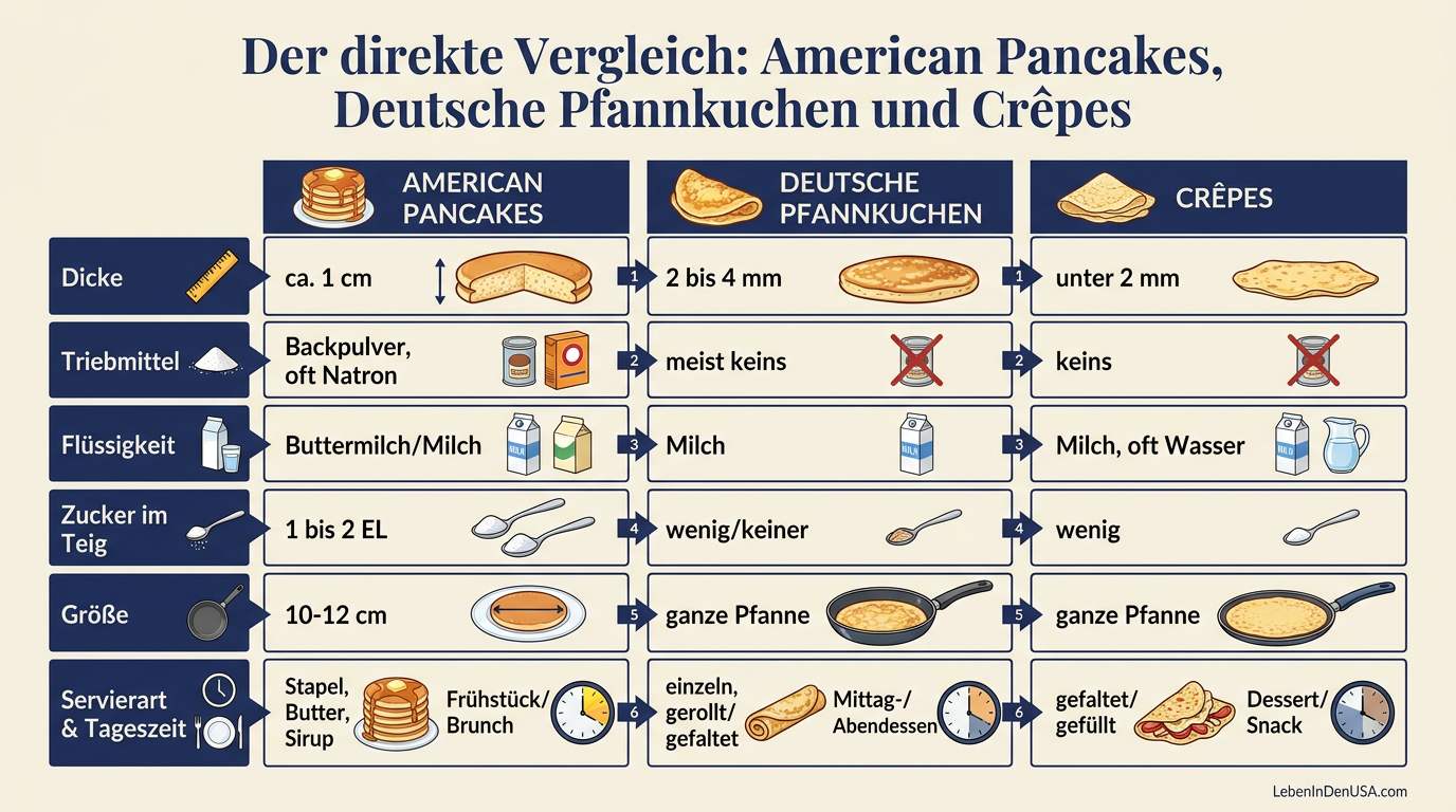 Infografik-Tabelle im Vergleich: American Pancakes, deutsche Pfannkuchen und franz	sische Cr	pes im direkten Vergleich nach Zutaten, Gr		e und Servierart.