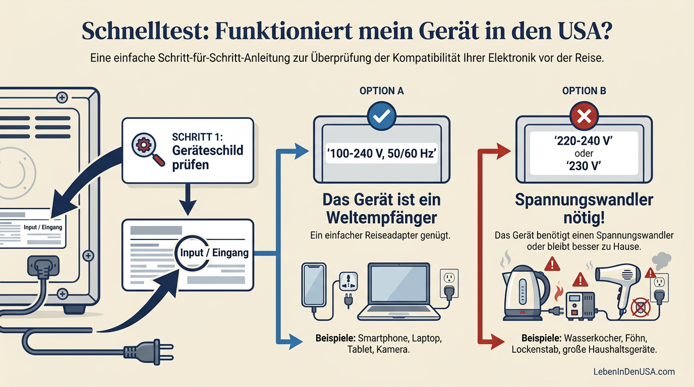 Schritt-für-Schritt-Infografik zur Prüfung des Typenschilds vor einer USA-Reise.