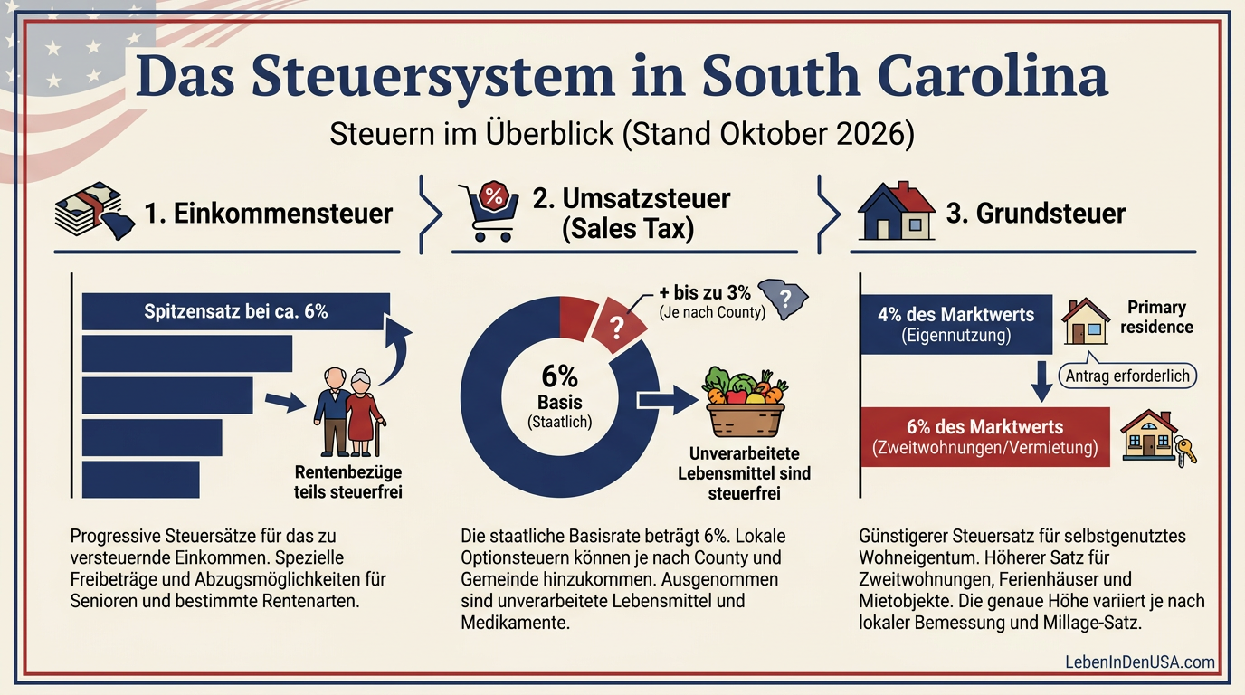 Infografik über die Steuersätze in South Carolina, aufgeteilt nach Einkommen-, Umsatz- und Grundsteuer.