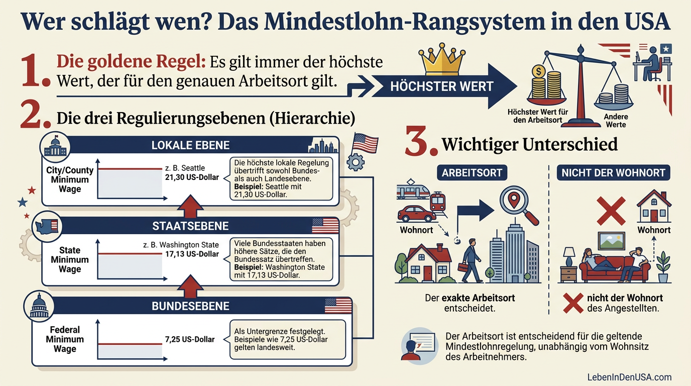 Infografik zum dreistufigen Mindestlohnsystem in den USA mit Bundes-, Staats- und Stadtebene.
