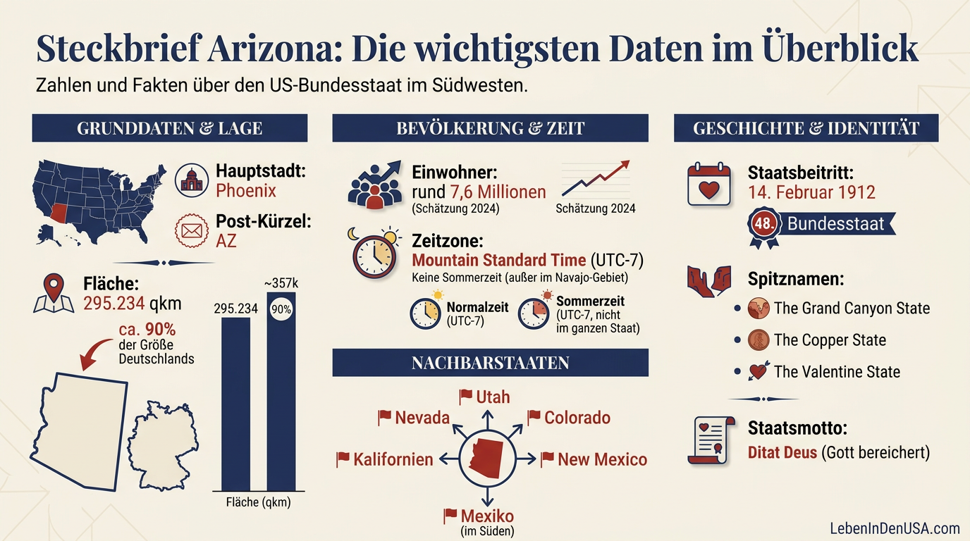 Infografik Steckbrief Arizona mit geografischen und politischen Kennzahlen wie Einwohnerzahl, Fläche, Zeitzone und Staatsbeitritt.