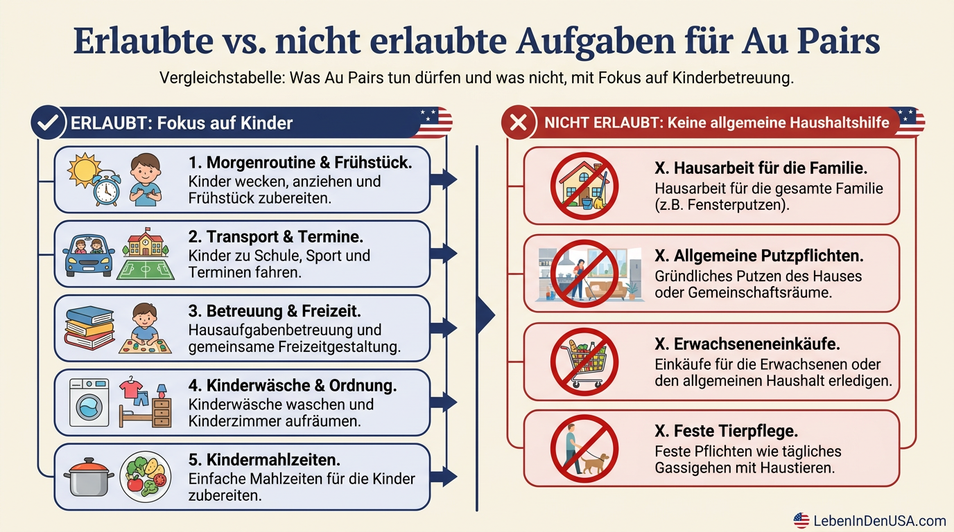 Infografik: Gegenüberstellung von erlaubten Tätigkeiten in der Kinderbetreuung und nicht erlaubten Aufgaben im Haushalt für Au Pairs in den USA.