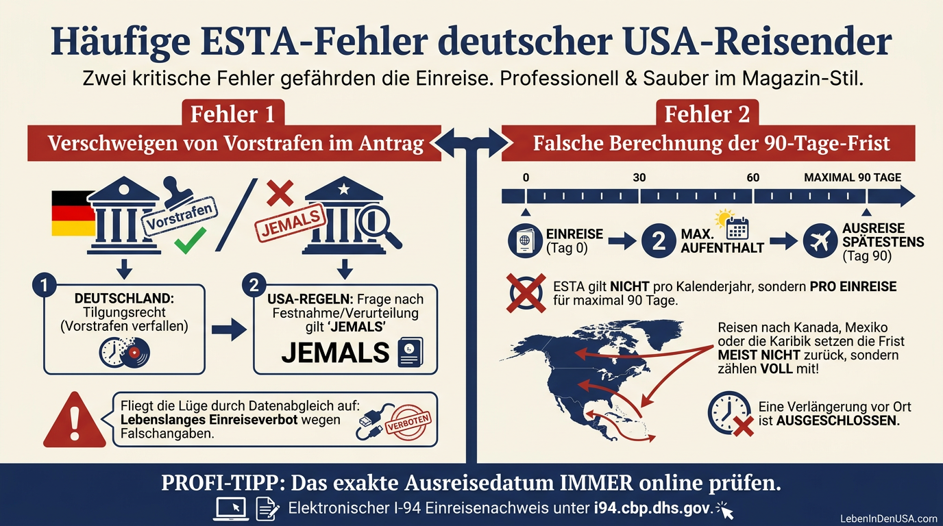 Infografik über die zwei häufigsten Fehler deutscher Urlauber beim ESTA-Antrag: Verschwiegene Vorstrafen und falsch berechnete 90 Tage.