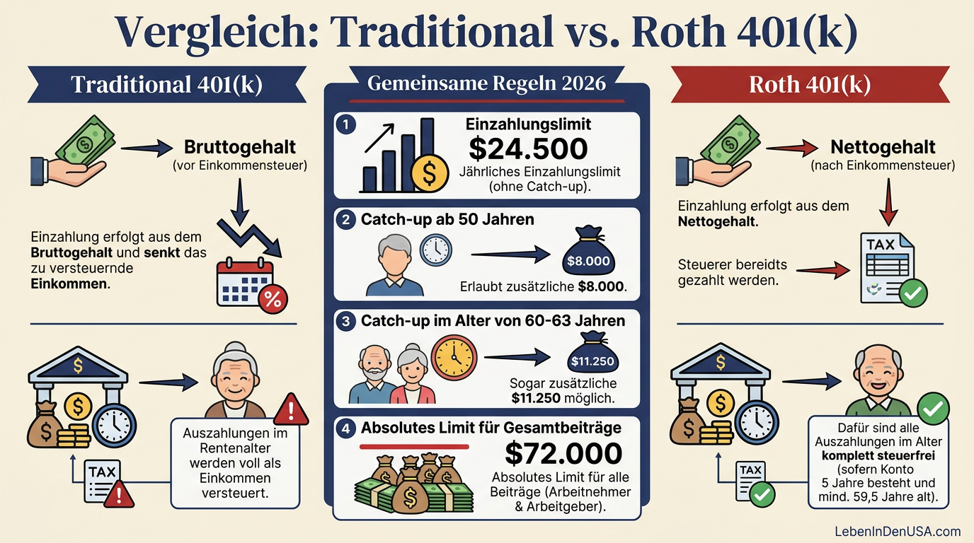 Vergleichstabelle und steuerliche Unterschiede zwischen Traditional 401(k) und Roth 401(k)