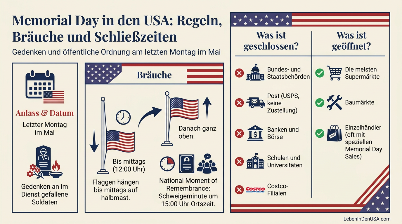 Infografik-Übersicht zum Memorial Day in den USA mit Bräuchen und einer Liste von geöffneten und geschlossenen Einrichtungen.
