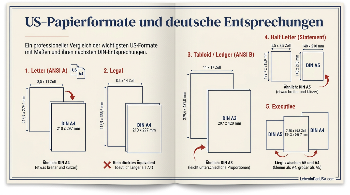 Tabelle und Übersicht über US-Papierformate wie Letter, Legal und Tabloid im Vergleich zu DIN-Formaten.