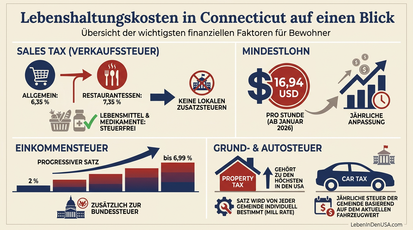 Infografik zu Steuern, Mindestlohn und Lebenshaltungskosten in Connecticut