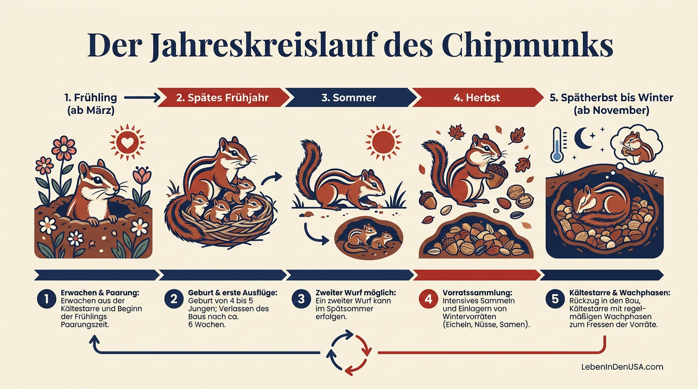Infografik als Zeitleiste, die den Lebenszyklus des Streifenhörnchens im Verlauf der vier Jahreszeiten darstellt.