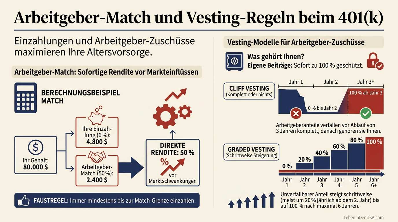 Infografik zu Arbeitgeber-Match und Vesting-Modellen im US-Rentensystem