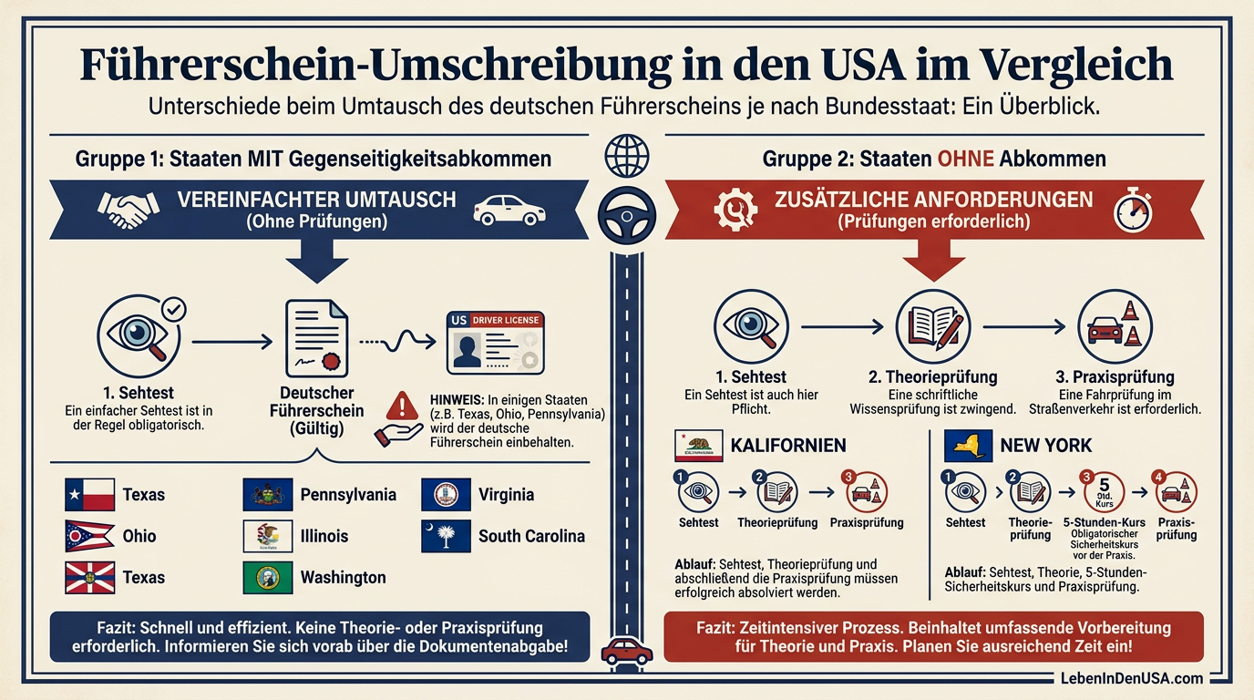 Vergleichsgrafik zur Umschreibung des deutschen Führerscheins in den US-Bundesstaaten mit und ohne Fahrprüfung.