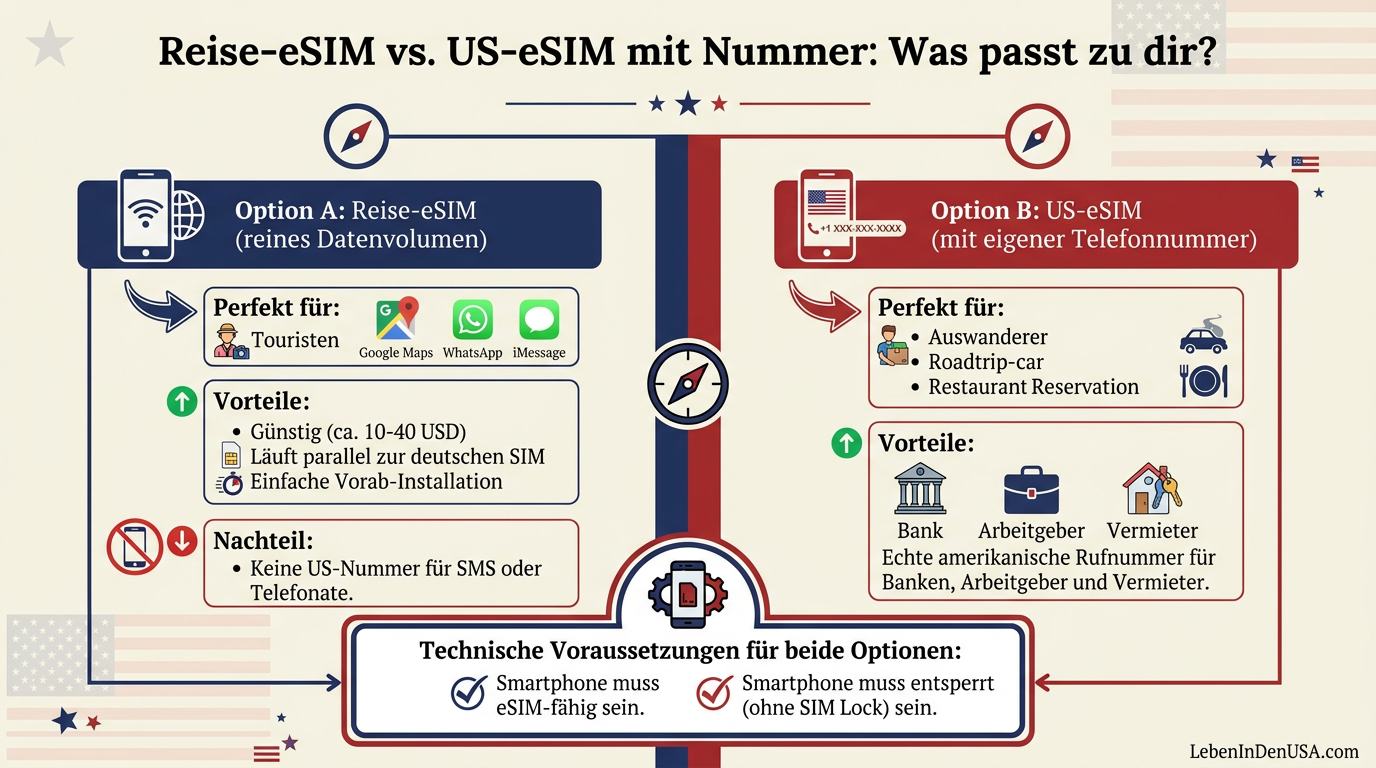 Infografik Entscheidungshilfe zur Auswahl der passenden eSIM-Variante für die USA: Reine Daten-eSIM oder US-eSIM mit eigener Mobilfunknummer.