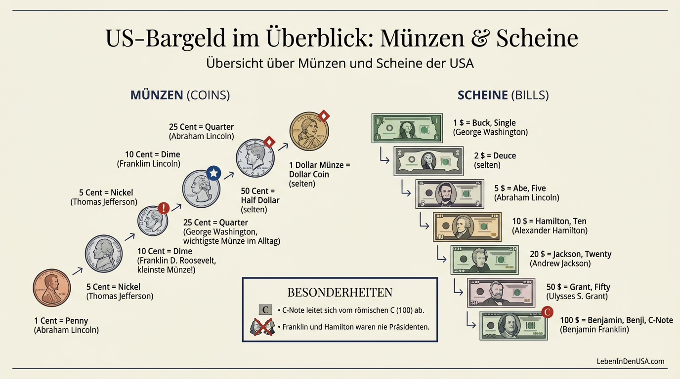 Infografik über die US-Münzen und US-Dollarscheine mit ihren offiziellen Namen, Werten, abgebildeten Personen und bekannten Spitznamen wie Penny, Dime und Buck.