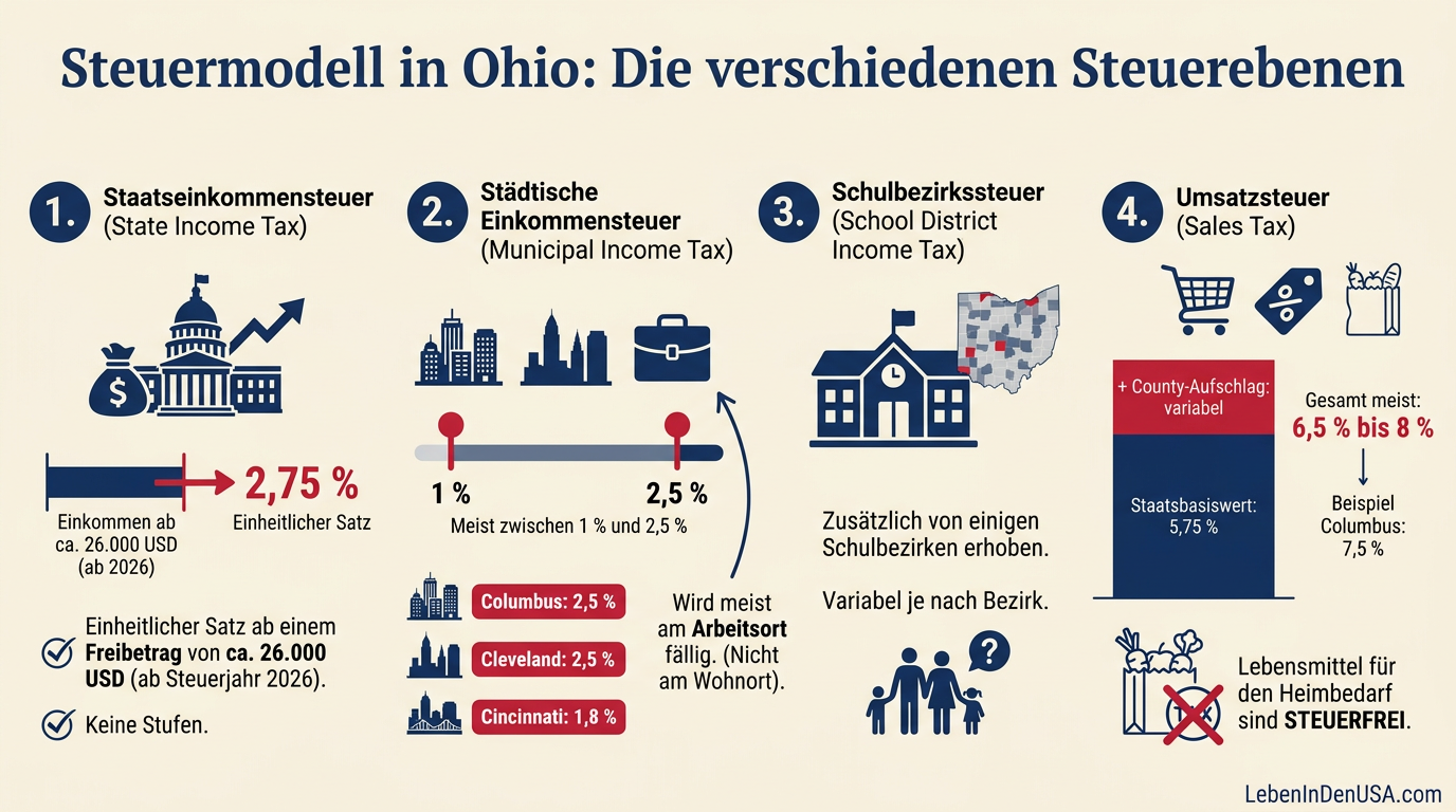 Infografik über die verschiedenen Steuerebenen in Ohio inklusive Einkommensteuer auf Staats- und Kommunalebene sowie Sales Tax.