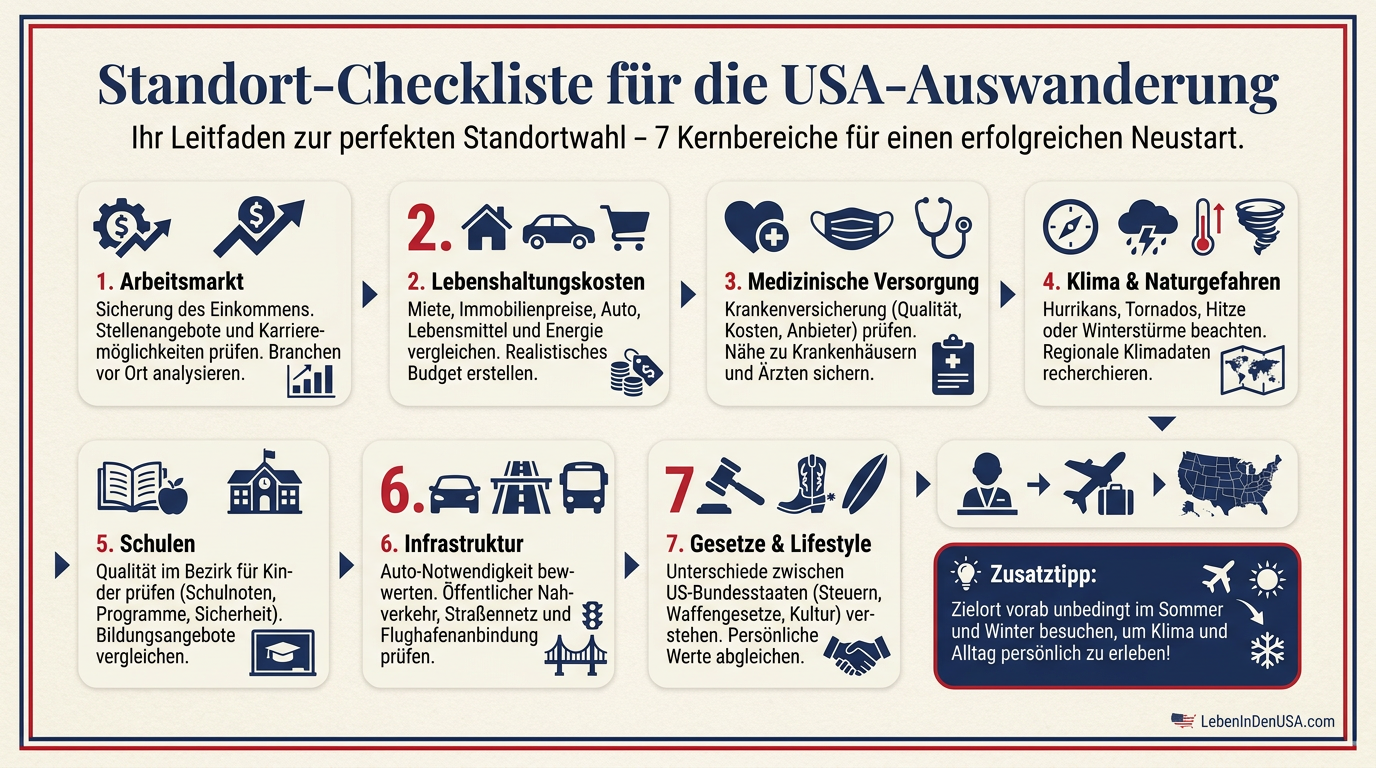 Infografik zeigt eine Checkliste für die Auswahl des richtigen US-Bundesstaates zum Auswandern mit Faktoren wie Lebenshaltungskosten und Arbeitsmarkt.