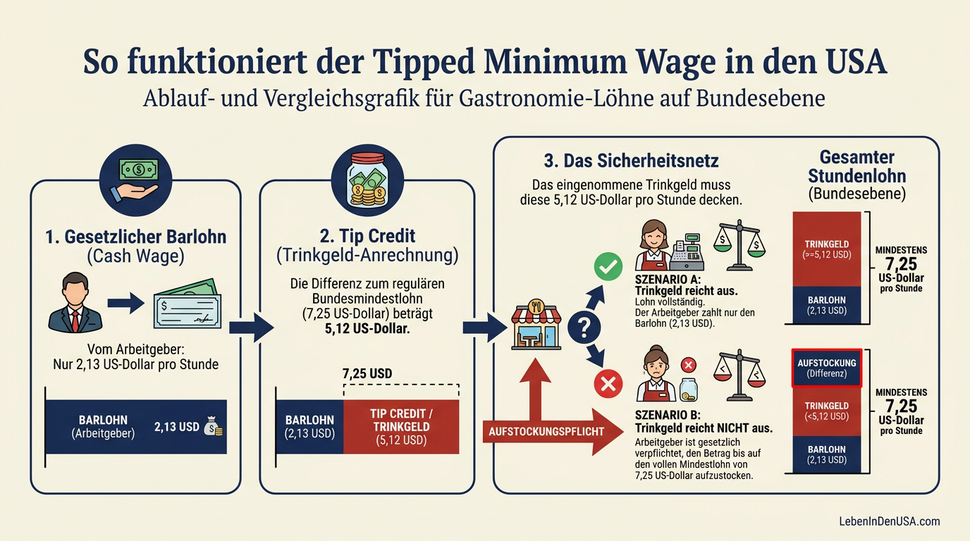 Infografik zur Berechnung des Mindestlohns für Restaurant-Mitarbeiter in den USA inklusive Tip Credit.