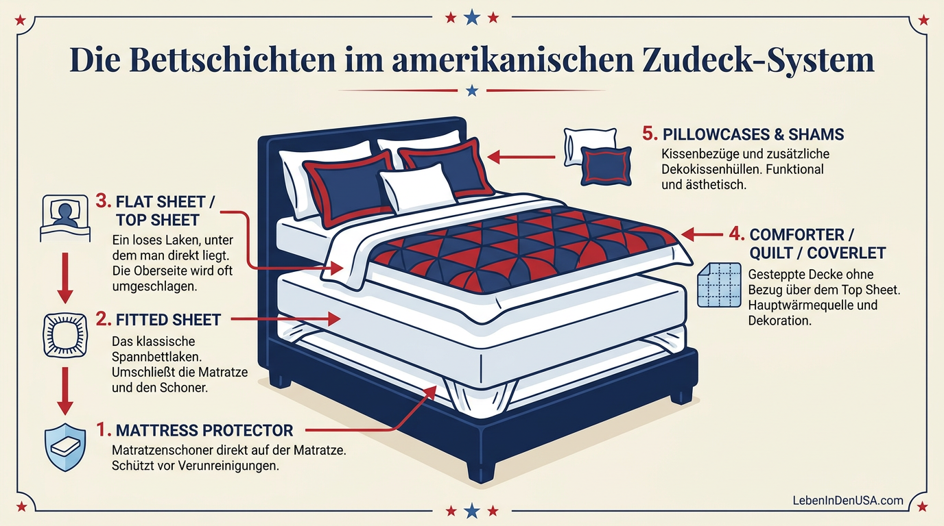 Infografik zum amerikanischen Zudeck-System mit Mattress Protector, Fitted Sheet, Flat Sheet, Comforter und Kissen
