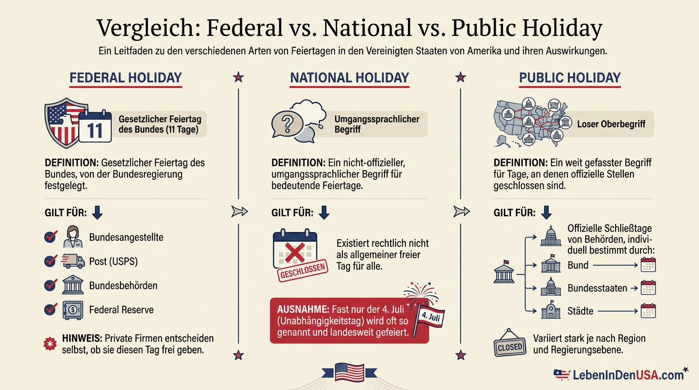 Infografik zum Unterschied zwischen Federal, National und Public Holiday in den USA.