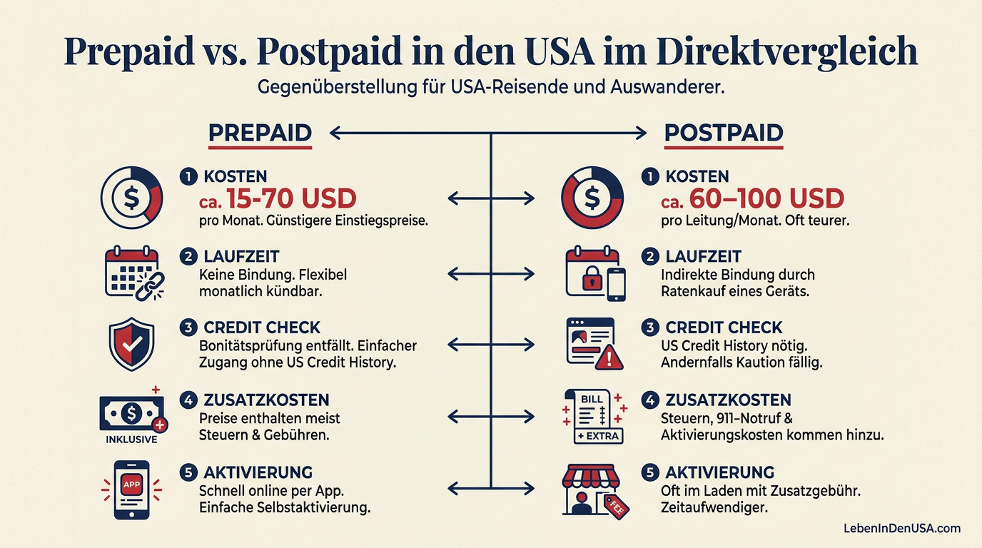 Infografik zum Vergleich von Prepaid- und Postpaid-Tarifen in den USA bezüglich Kosten, Bonitätsprüfung und Gebühren.