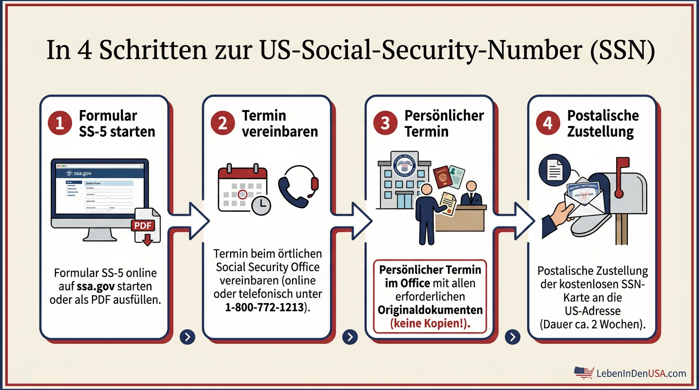 Infografik zum Ablauf der SSN-Beantragung beim Social Security Office in vier aufeinanderfolgenden Schritten.
