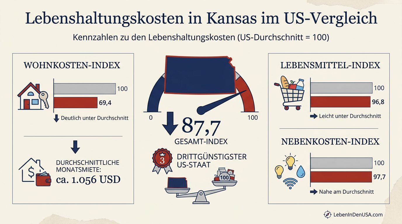 Infografik mit Kennzahlen zu den Lebenshaltungskosten in Kansas.