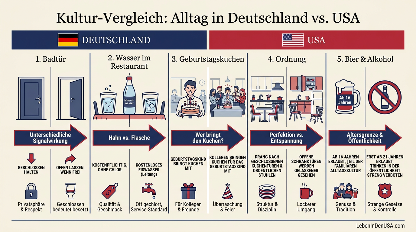 Infografik im direkten Vergleich: 5 alltägliche Missverständnisse zwischen Deutschen und Amerikanern bei Badtür, Restaurantbesuch, Geburtstag, Küche und Alkohol.