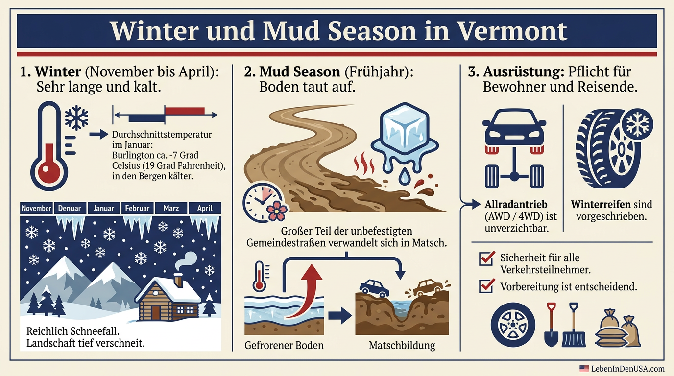 Infografik zum Verlauf des harten Winters und der anschließenden Schlamm-Saison (Mud Season) in Vermont.