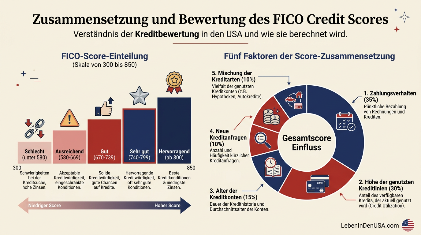Infografik zur Zusammensetzung des US FICO Credit Scores nach Prozentwerten und Bewertungsskala von 300 bis 850 Punkten.