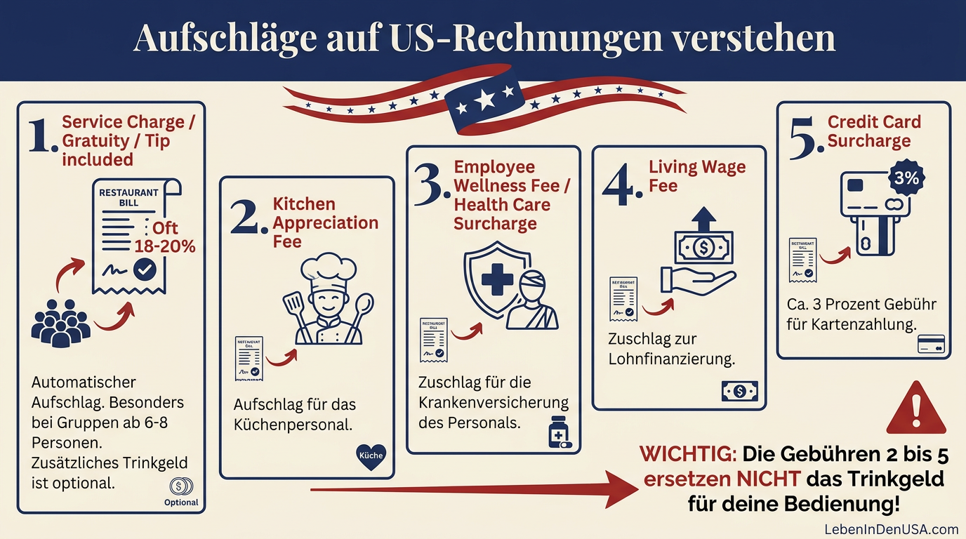 Infografik mit Erklärungen zu Service Charge, Gratuity, Kitchen Appreciation Fee, Employee Wellness Fee, Living Wage Fee und Credit Card Surcharge auf US-Rechnungen.