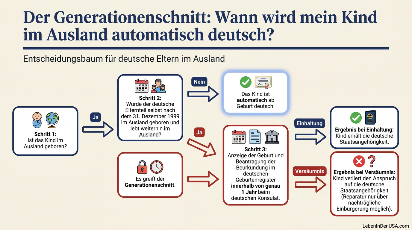 Ablaufdiagramm zur Ein-Jahres-Frist beim Generationenschnitt für im Ausland geborene Kinder deutscher Eltern.