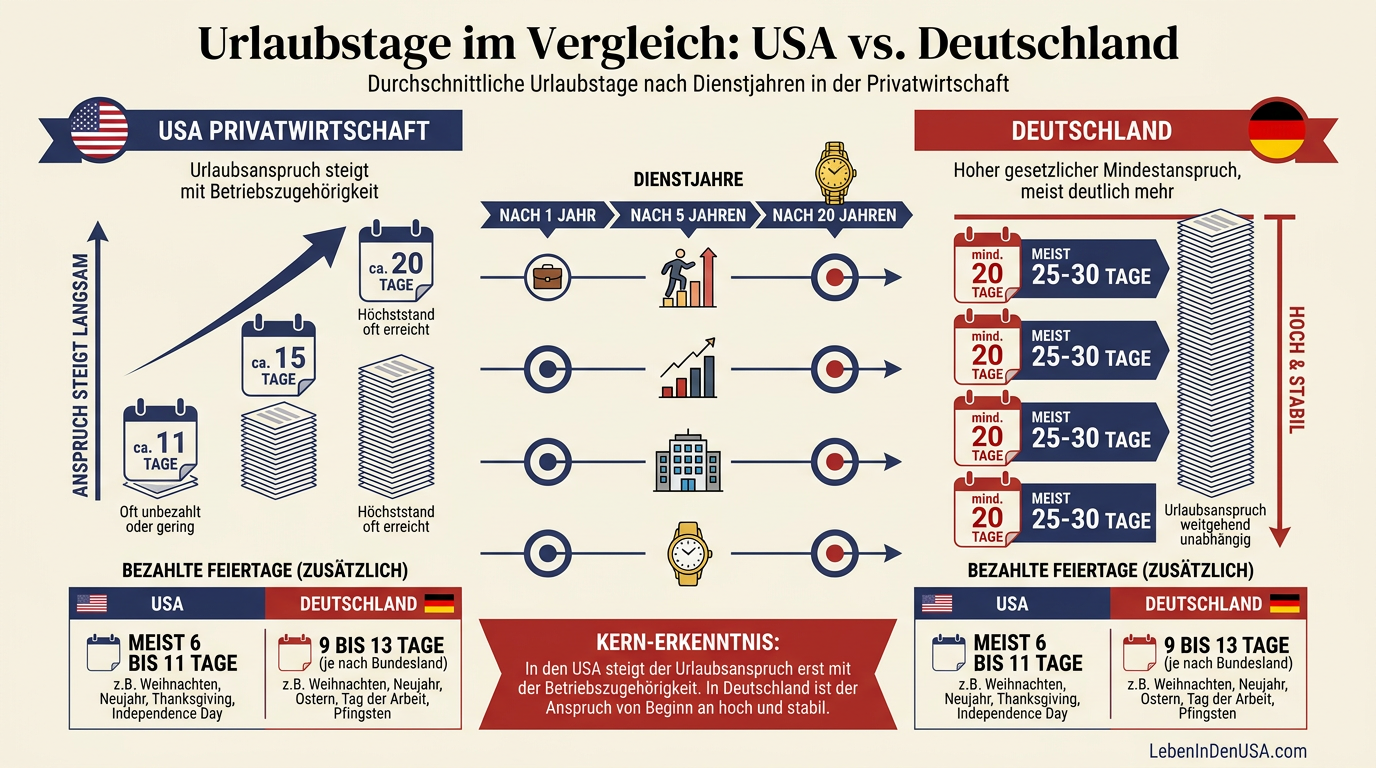 Vergleichsdiagramm der Urlaubstage und Feiertage in den USA und Deutschland nach Betriebszugehörigkeit.