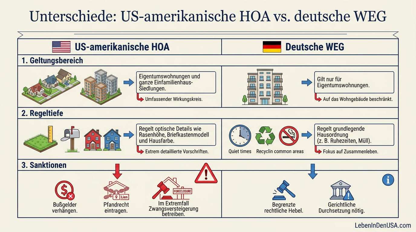 Infografik zum Vergleich zwischen einer US-amerikanischen Homeowners Association (HOA) und einer deutschen Wohnungseigentümergemeinschaft (WEG).