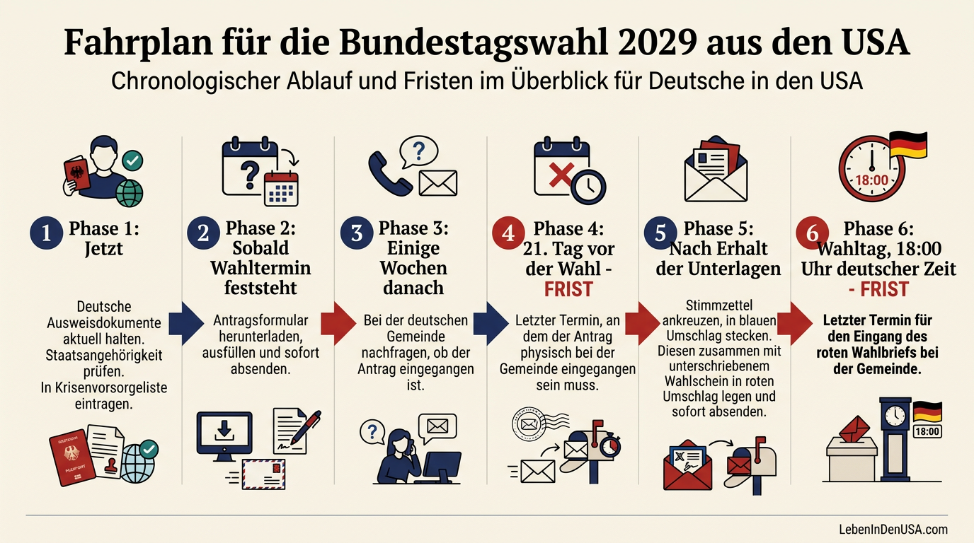 Infografik: Zeitplan und wichtige Fristen für Auslandsdeutsche bei der Bundestagswahl 2029 von der Vorbereitung bis zum Wahltag.