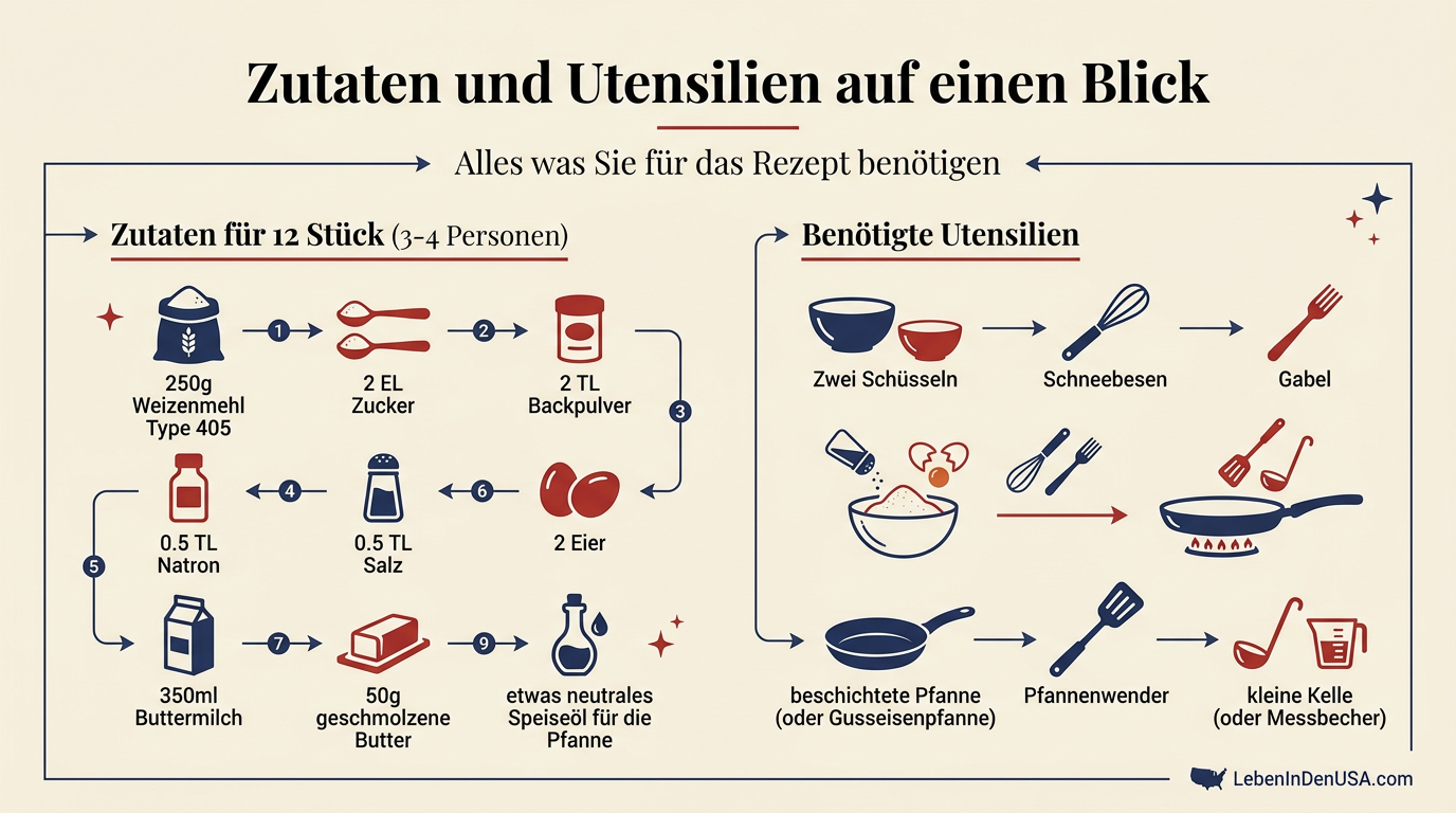 Infografik-Checkliste mit allen Zutaten und Kchenutensilien fr die Zubereitung von originalen American Pancakes.