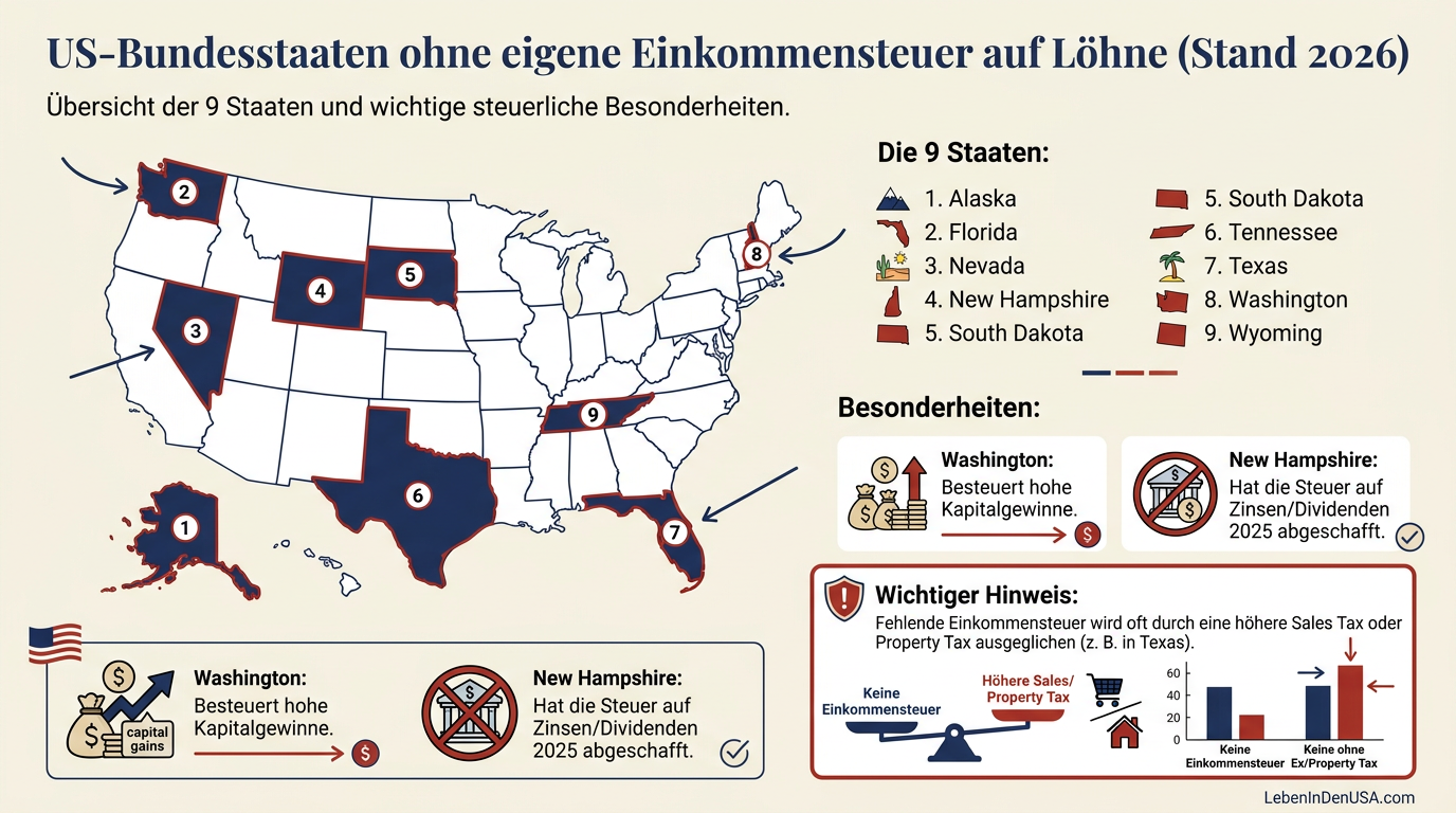 Infografik der US-Bundesstaaten ohne Einkommensteuer auf Löhne im Jahr 2026.